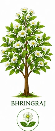 Bhringraj Ayurvedic herb tree with green leaves and white flowers for healthy hair growth and hair fall control