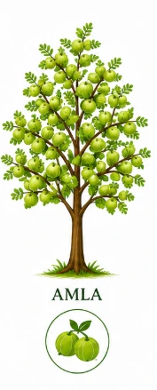 Amla tree with fresh Indian gooseberry fruits used in Ayurvedic hair oil for stronger roots and healthy scalp